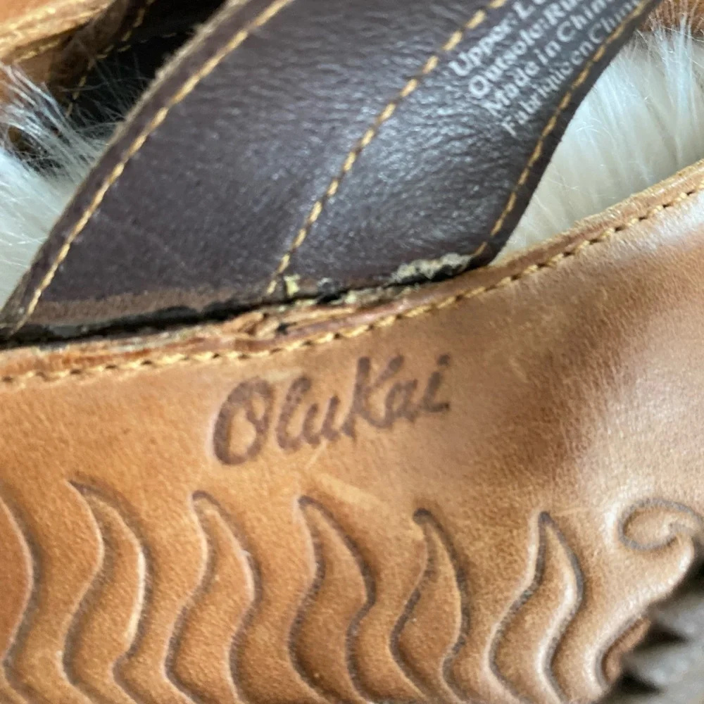 OluKai Brown Leather Feather-Trim Flip Flop Sandals